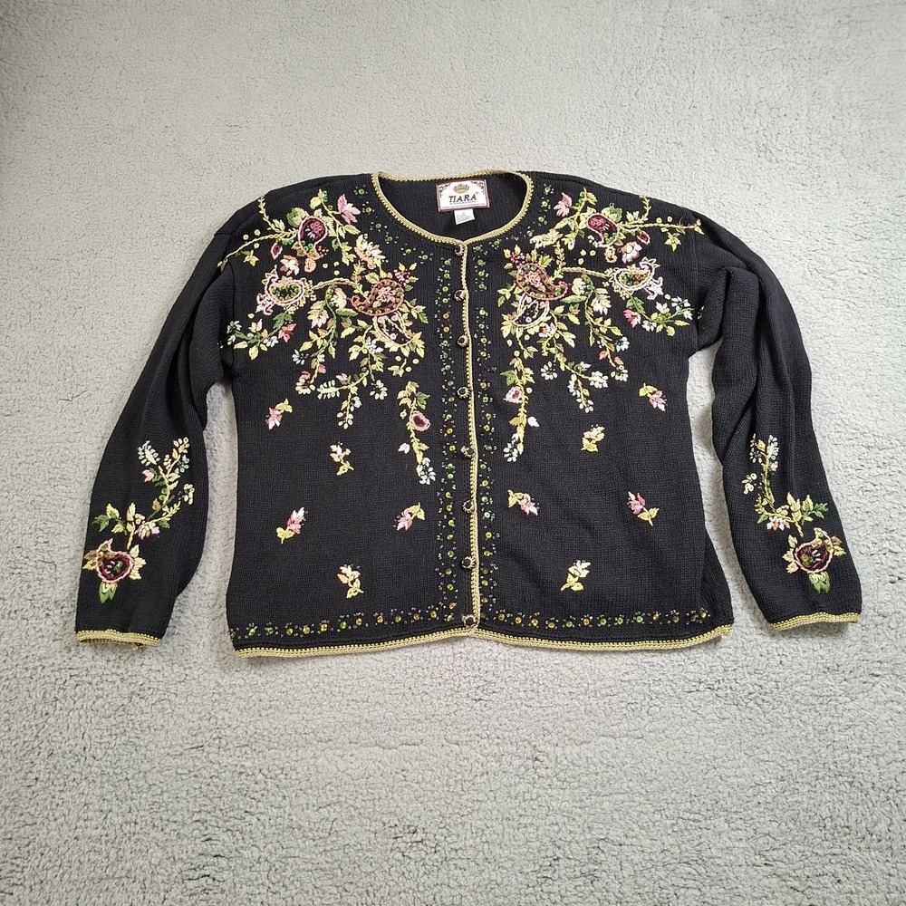 Tiara International Cardigan Black Sweater Embroidered Floral L Cottagecore